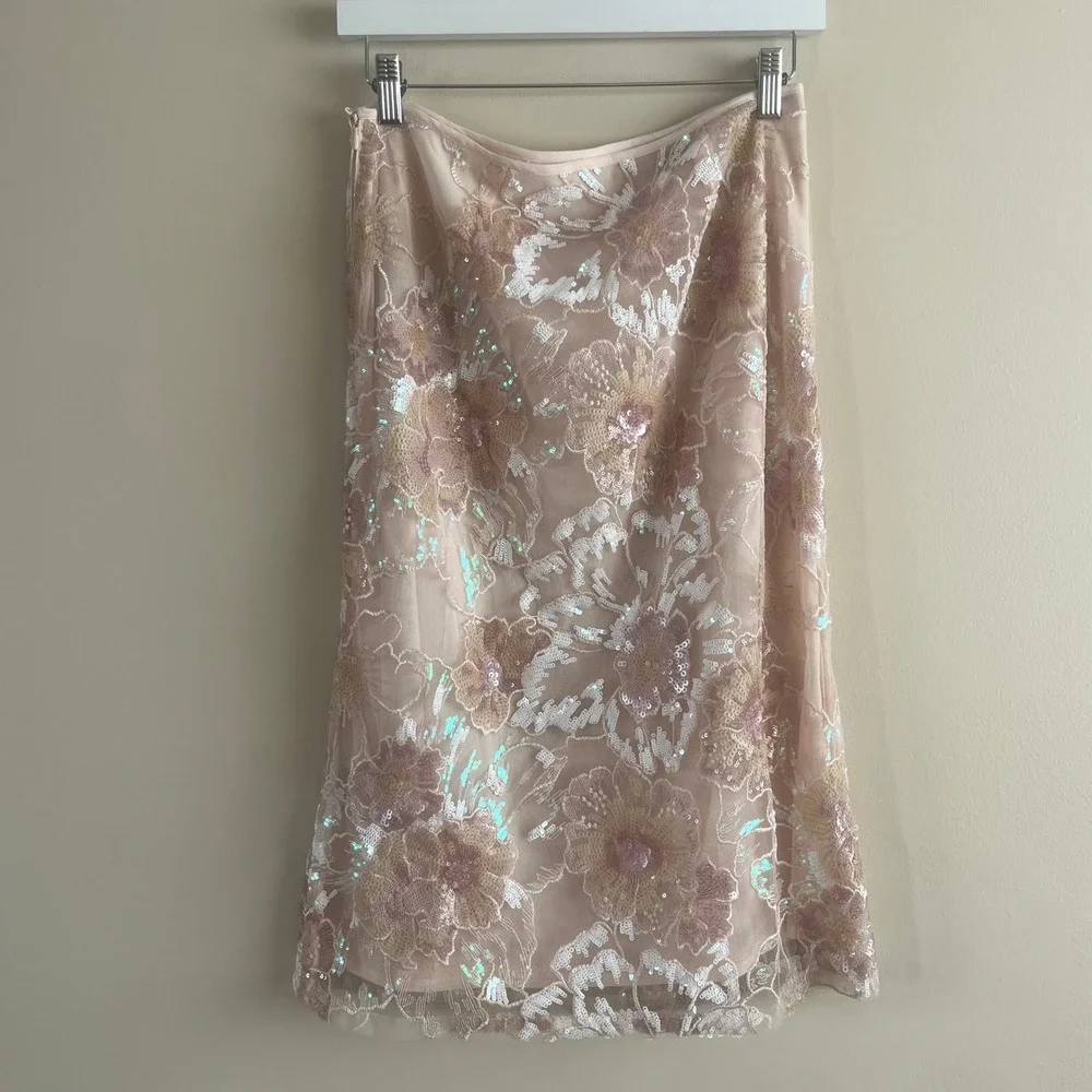 Sasha Therese Orion Skirt Sequin Floral Blush Embroidered Mesh Midi XS Fairycore